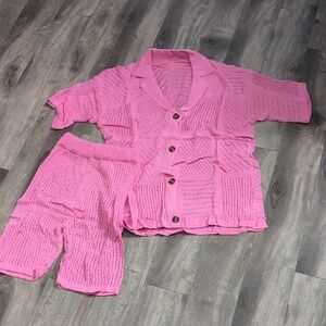 Pink Knit Button-Up Cardigan and Shorts Set